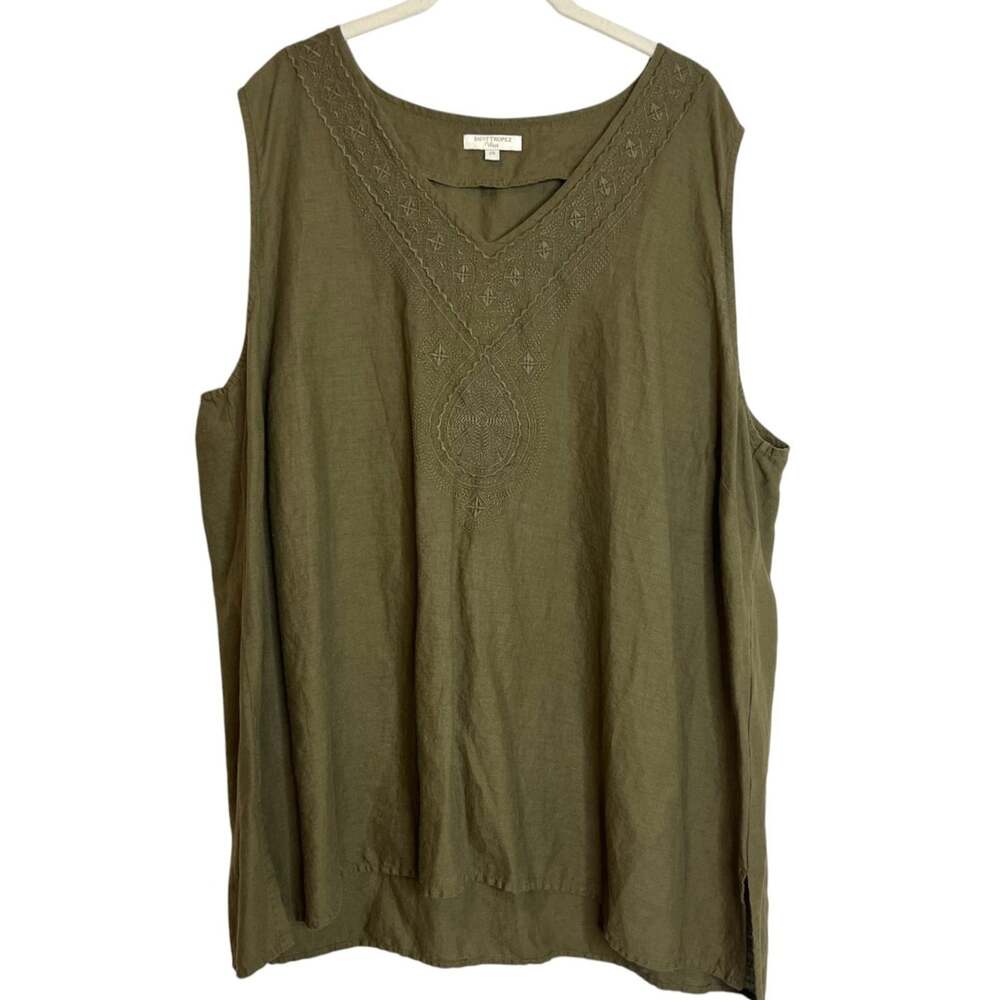 St Tropez West Linen Blend Tunic 2X Olive Green Sleeveless Embroidered